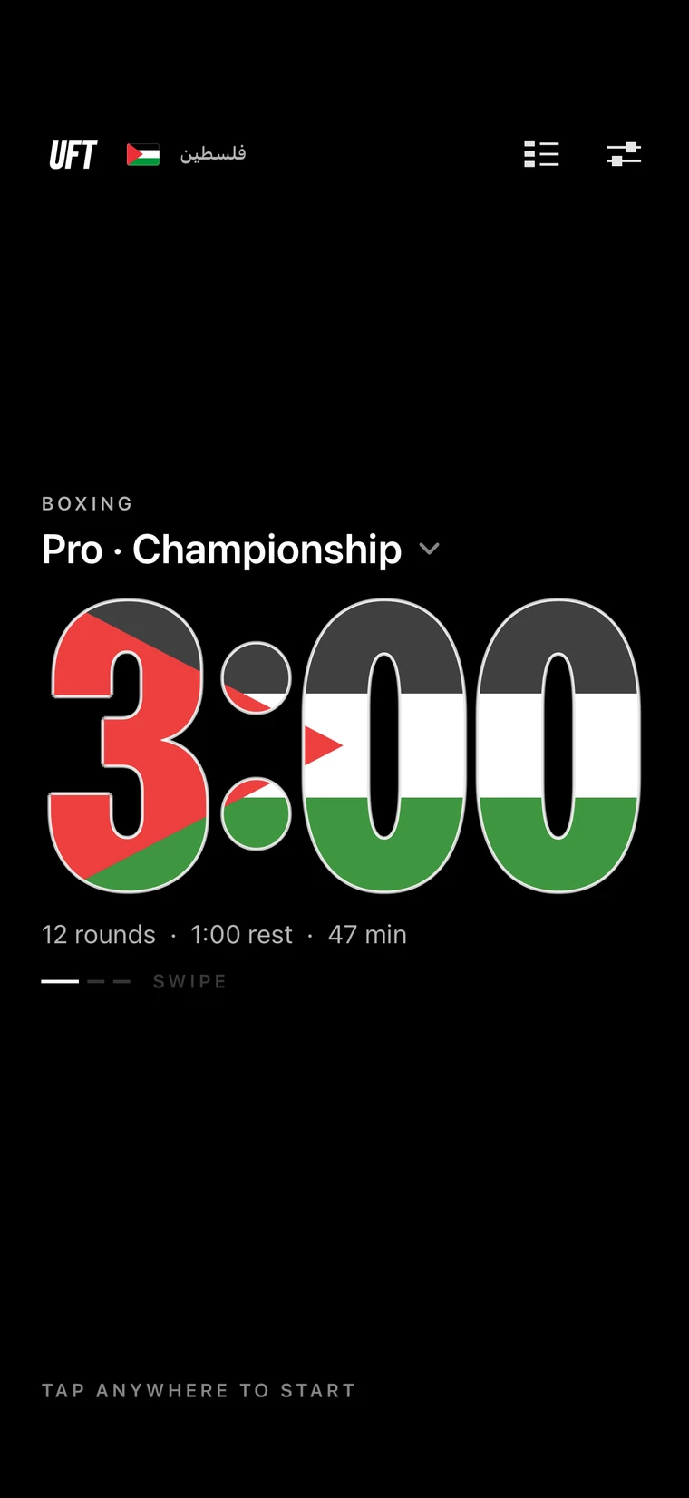 Universal Fight Timer on iPhone with the Palestine theme, dark appearance
